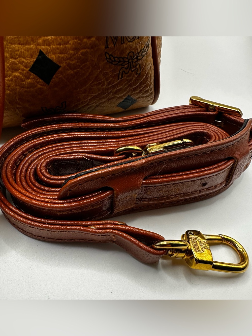 MCM Visetos Cognac Monogram Satchel with Red-Brown Handles - Picture 9 of 16